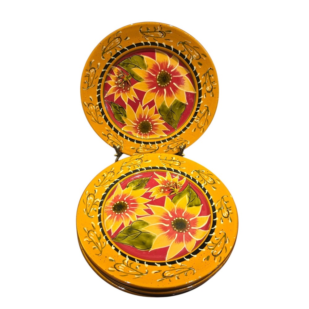 Set 4 Pier 1 Imports Salad Plates Sunflower‎ Hand-Painted Terracotta 8" Garden